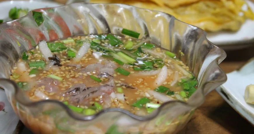 Jarimulhoe || Cold Raw Pearl spot Chromis Soup, 水拌雀鲷鱼片, 水拌雀鯛魚片, スズメダイ入り冷やしスープ, 자리물회 Jarimulhoe || Cold Raw Pearl spot Chromis Soup, 水拌雀鲷鱼片, 水拌雀鯛魚片, 자리물회