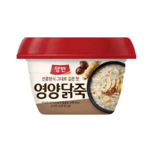 Dongwon Yangban Nutritious Chicken Porridge product packaging, with a serving suggestion in a bowl garnished with green onions.