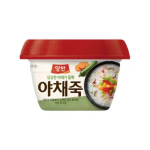 Dongwon Yangban Vegetable Porridge product packaging, with a serving suggestion in a bowl garnished with green onions.