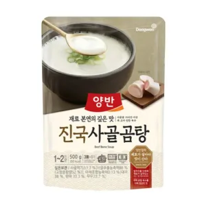 Dongwon Yangban Rich Beef Bone Broth Soup product packaging, with a serving suggestion in a traditional pot garnished with green onions.