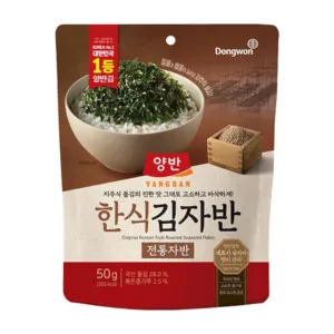 Dongwon Yangban Hansik Kimjaban Traditional Seaweed Flakes product packaging, with a serving suggestion sprinkled over rice.