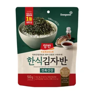 Dongwon Yangban Hansik Kimjaban Abalone Soy Sauce Seaweed Flakes product packaging, with a serving suggestion sprinkled over rice.