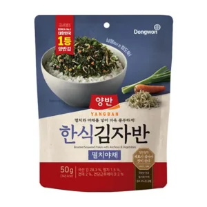Dongwon Yangban Hansik Kimjaban Anchovy & Vegetable Seaweed Flakes product packaging, with a serving suggestion sprinkled over rice.